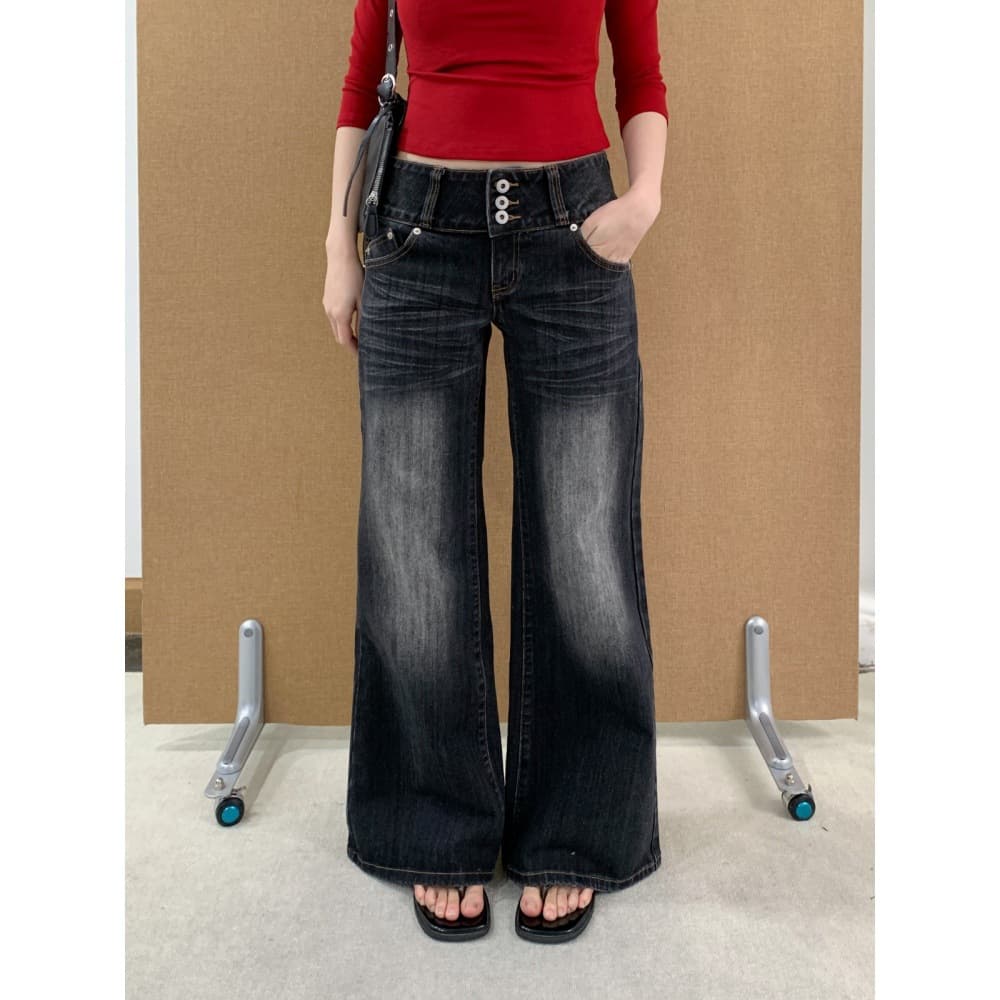See 3L black and gray high waist buttoned straight jeans for women spring new slim fit slightly flared trousers 1469