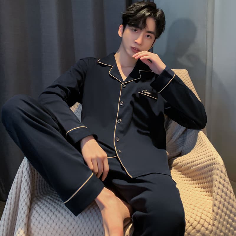 Men's Long Sleeve Cotton Pajama Set, Thin Spring/Autumn Style, Wearable Outdoors, Two-Piece Homewear