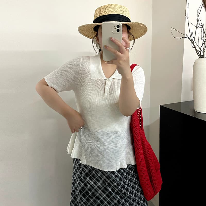 Plus Size Women's Slimming Polo Neck Top with Ruffle Knit 2026 Summer Short Sleeve T-Shirt for Curvy Women 23950