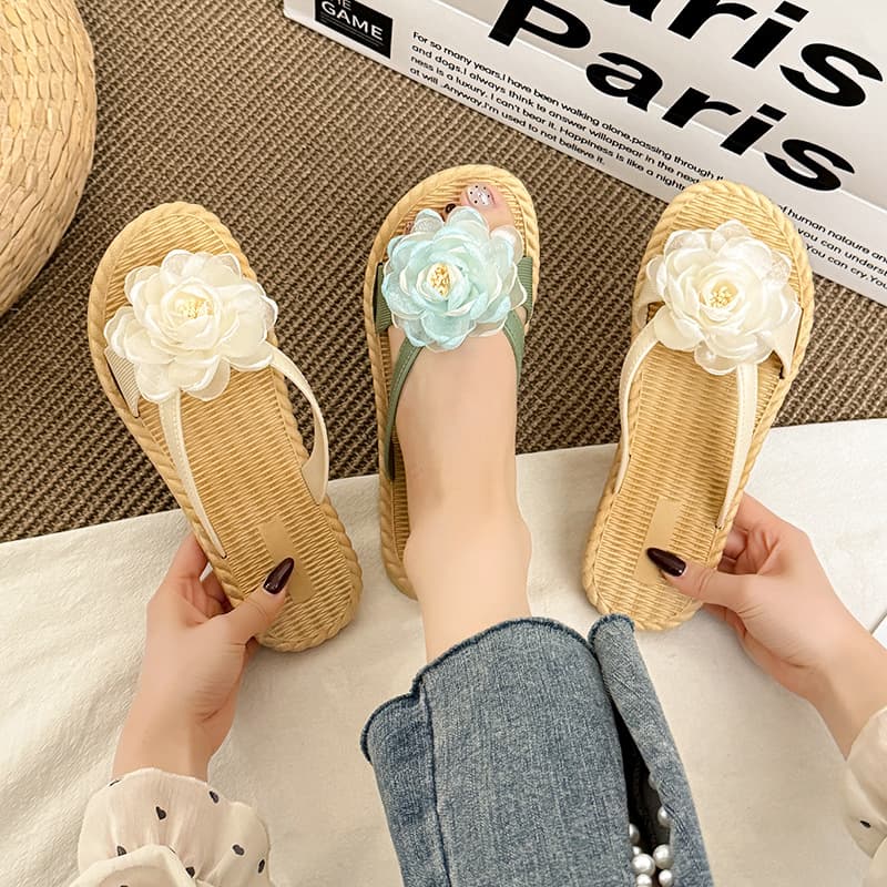 Sweet Women's Summer Sandals New Mesh Flower Toe Separator Flip Flops Flat Non-Slip Beach Shoes