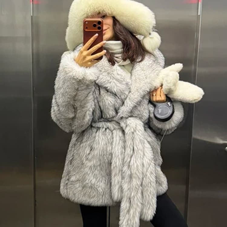 Russian Chic Fox Fur Coat Shawl Collar Mid-Length Faux Fur Coat Women Winter Thick Eco-Friendly Fur