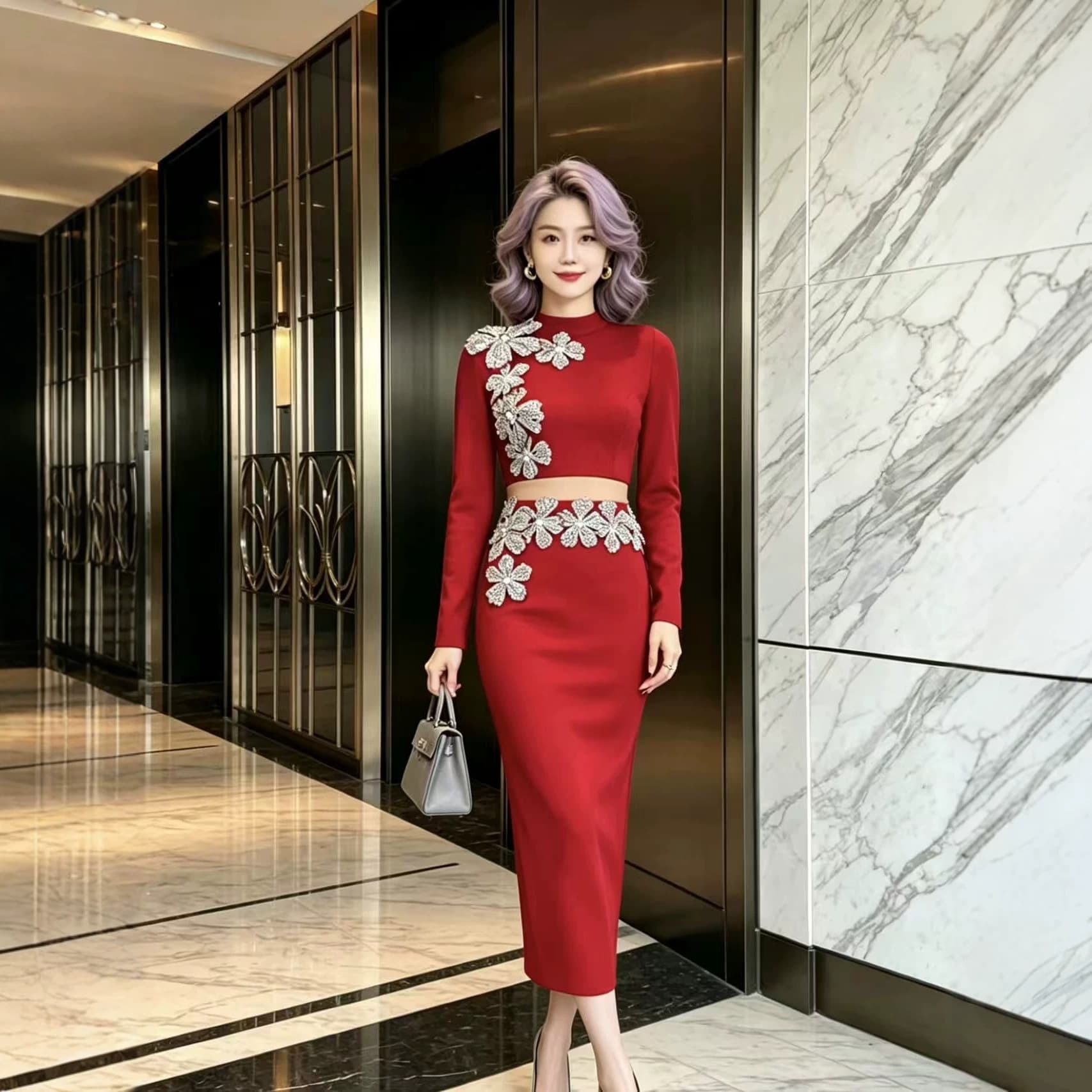 New European and American Cross-Border Design 3D Flower Rhinestone Set Dress Sexy Top Bandage Gown Evening Dress