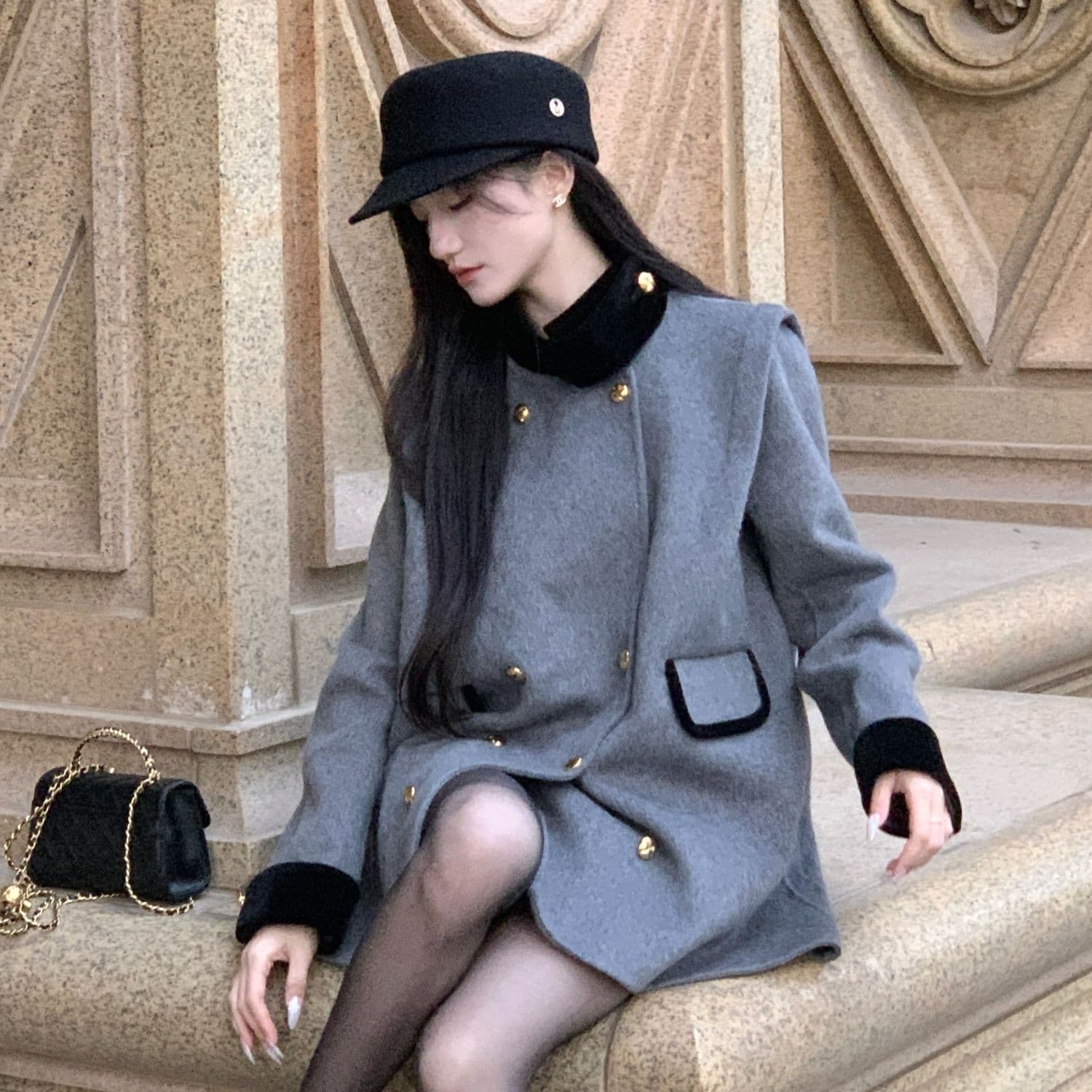 French Vintage Loose Stand Collar Double-Breasted Knight Chic Coat Contrast Color Fashion Light Luxury Outerwear