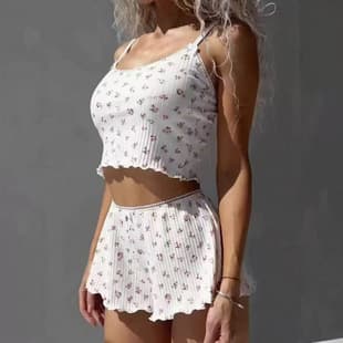 Cross-border Women's Fashion Sleeveless Camisole Shorts Set Fresh Floral Waist-baring Loungewear Pajamas Wholesale Direct Supply