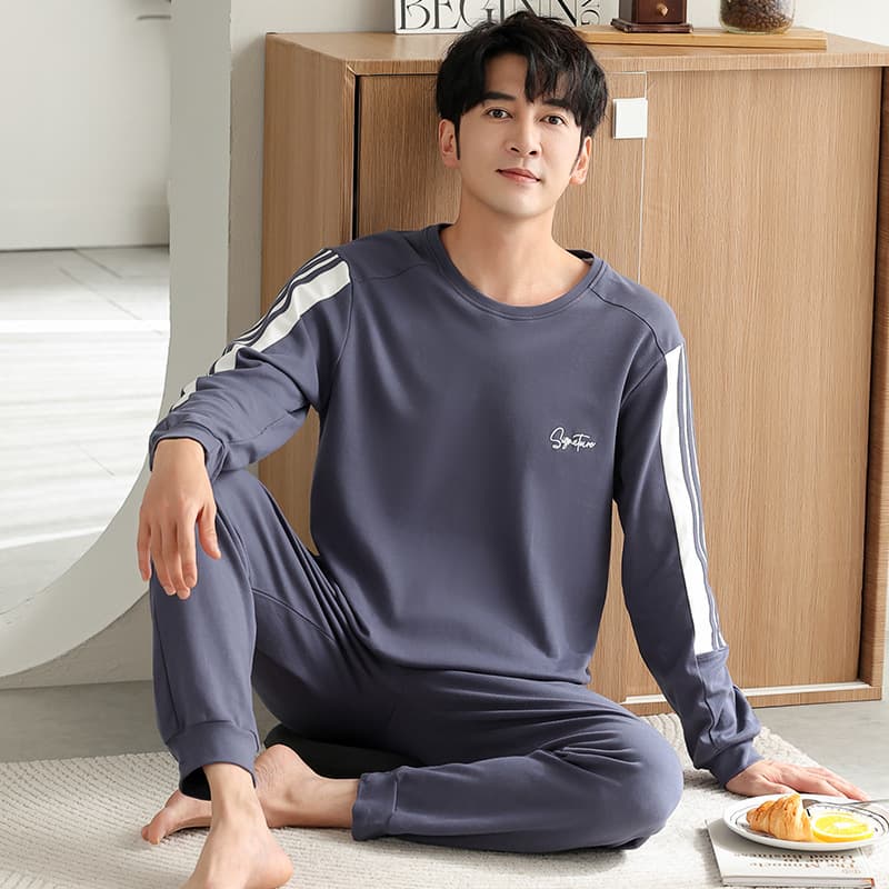 Men's Cotton Long-Sleeve Round Neck Sleepwear Set, Casual Sportswear, Home Wear, Autumn Spring
