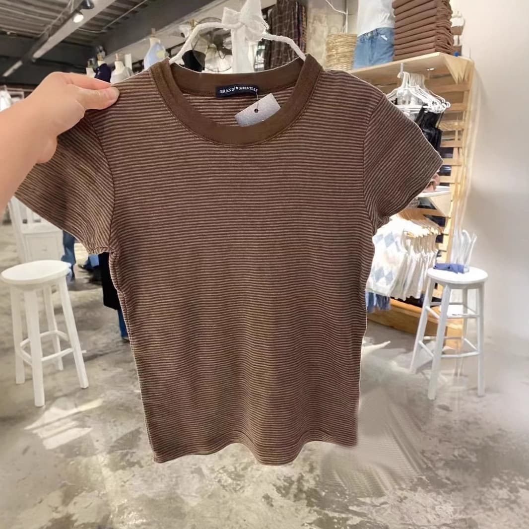 Basic Striped Right Shoulder T-Shirt for Women Pure Cotton Summer New American Slim Retro Top for Women with Half Sleeves Ins Style