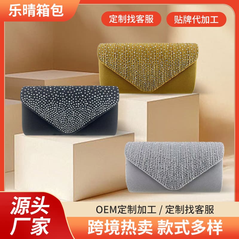 Cross-border Custom Satin Hot Fix Rhinestone Pleated Evening Bag, Banquet Euro-American Compact Clutch with Chain Shoulder Bag Wholesale