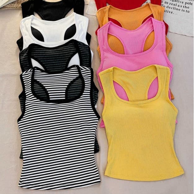 6988# Summer Square Neck Tank Top with Built-in Pads for Women, Slimming and Figure-Flattering Sporty Backless Top