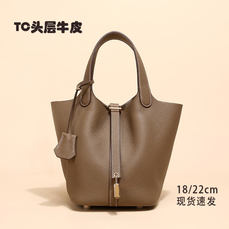 New 2024 Women's Handbag Genuine Leather Bucket Bag Lychee Pattern Cross-Border Autumn Winter Fashion Ladies' Handbag