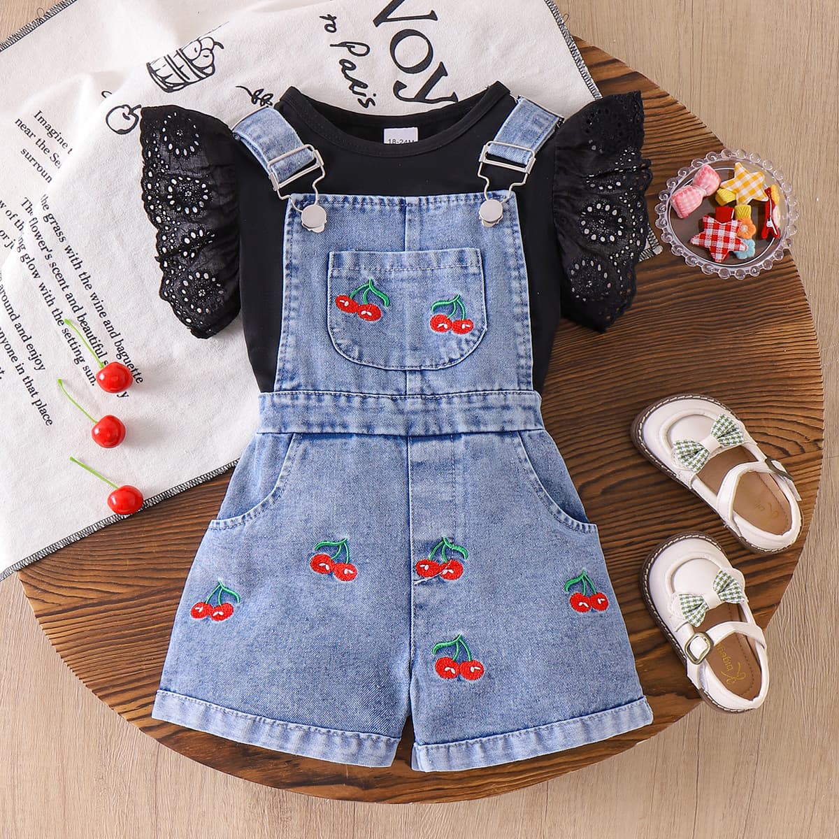 Cross-border European and American girls' black short-sleeved T-shirt + two pieces of blue suspender shorts