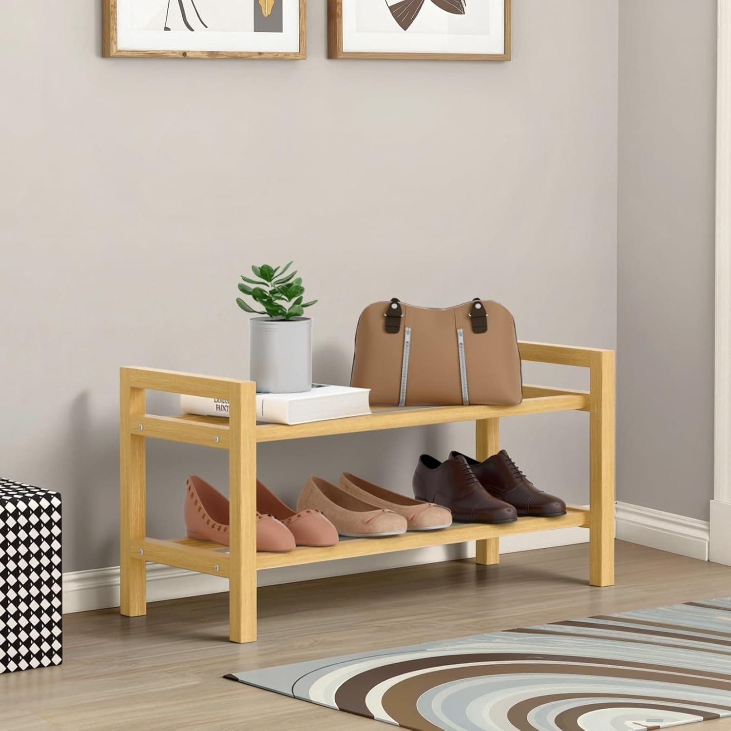 Cross-border Amazon Bamboo Shoe Rack for Closet, Freestanding Shoe Rack with Smooth Round Rods and Square
