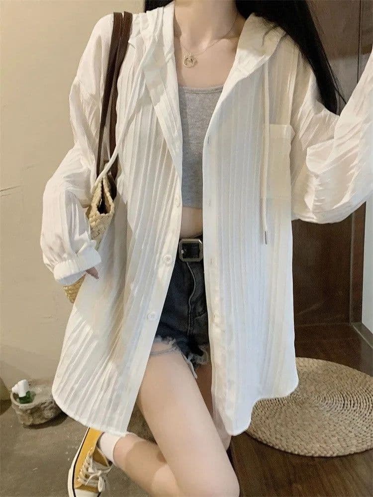 White Hooded Thin Sun Protection Jacket for Women, Summer 2023 New Arrival Mid-Length Coverage Slimming Cardigan Top, Trendy