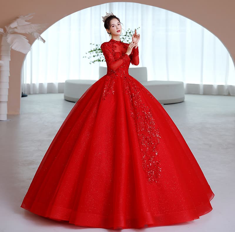 2026 Bride Princess Chinese Vintage Heavy Luxury Premium Red Wedding Dress with Puffy Skirt