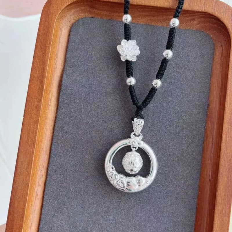 999 pure silver safety buckle necklace, new Chinese style rotating lucky lotus, unisex safety lock, hollow hand-woven rope gift.