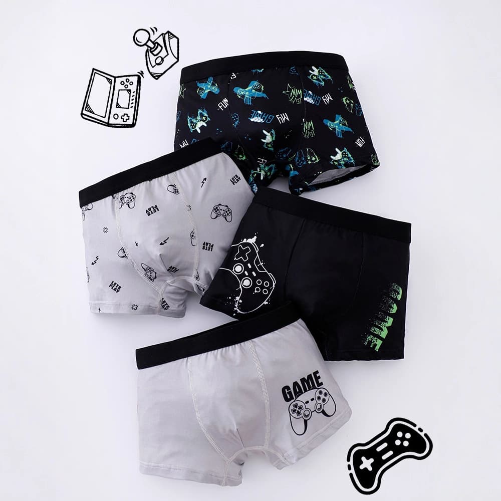 4PCS Boys' Knit Fun Toy Print Boxer Shorts, Sports Shorts, Non-Binding, Soft and Comfortable Against Skin