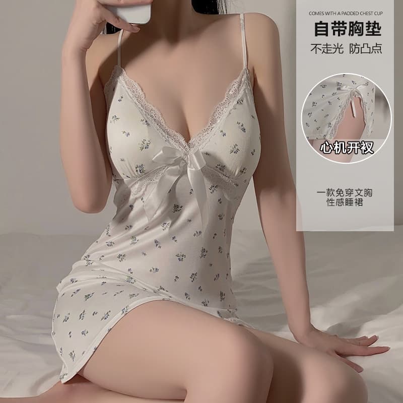 DZ Summer Slim Floral Plus Size Sleepwear with Built-in Pads Push-up Camisole Nightgown and Homewear Set 4385