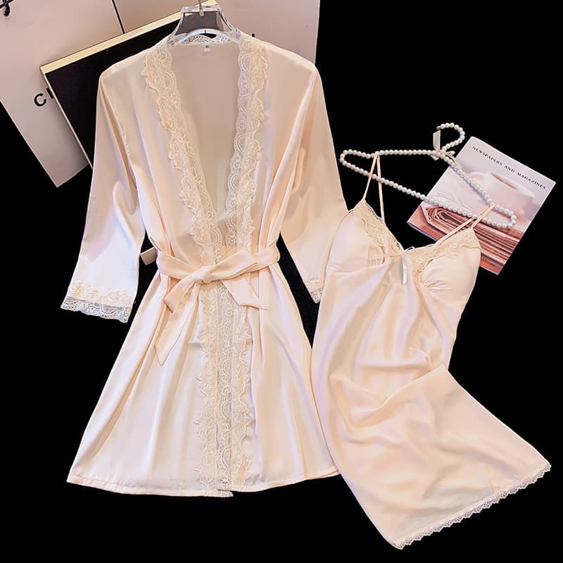 Women's Summer Sleep Robe with Built-in Bra, Ice Silk Thin, High-End Slimming Camisole Nightgown, Two-Piece Loungewear Set