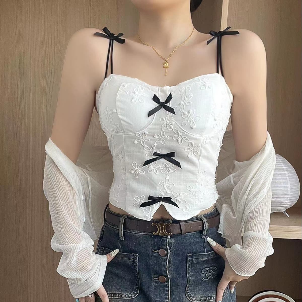 Sexy Lace Camisole Top with Built-in Pads, Butterfly Back, Short Crop Top