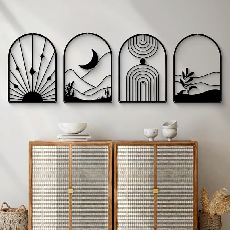 Glamativity 4-pack Black Abstract Metal Wall Art, Minimalist Single Line Art Wall Decor Wall Hanging