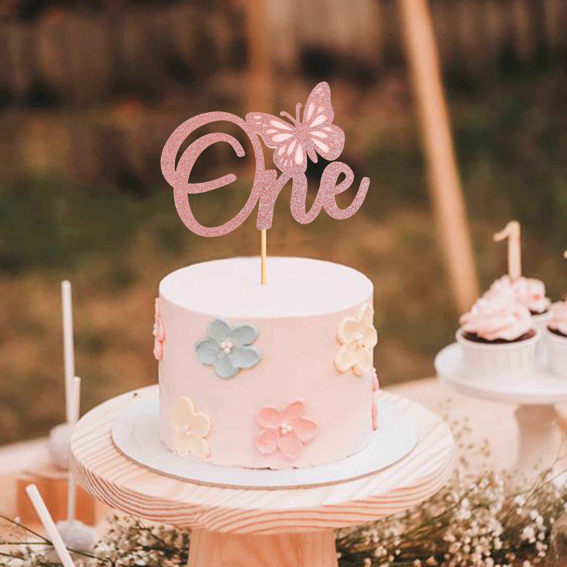 Creative One-Year-Old Birthday Party Cake Topper with Pink Butterfly Design for Baby's First Birthday Decoration
