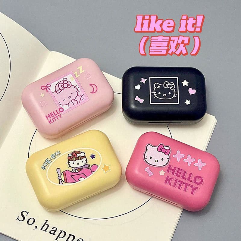 Instagram Style Cute Cartoon Kitty Contact Lens Companion Box Compact Portable Practical with Mirror Cosmetic Contact Lens Box