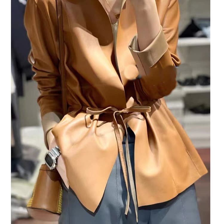 2025 New Genuine Leather Jacket for Women, Cardigan Style, Round Neck, Sheepskin, Short Length, Belted, Loose Fit, Slimming