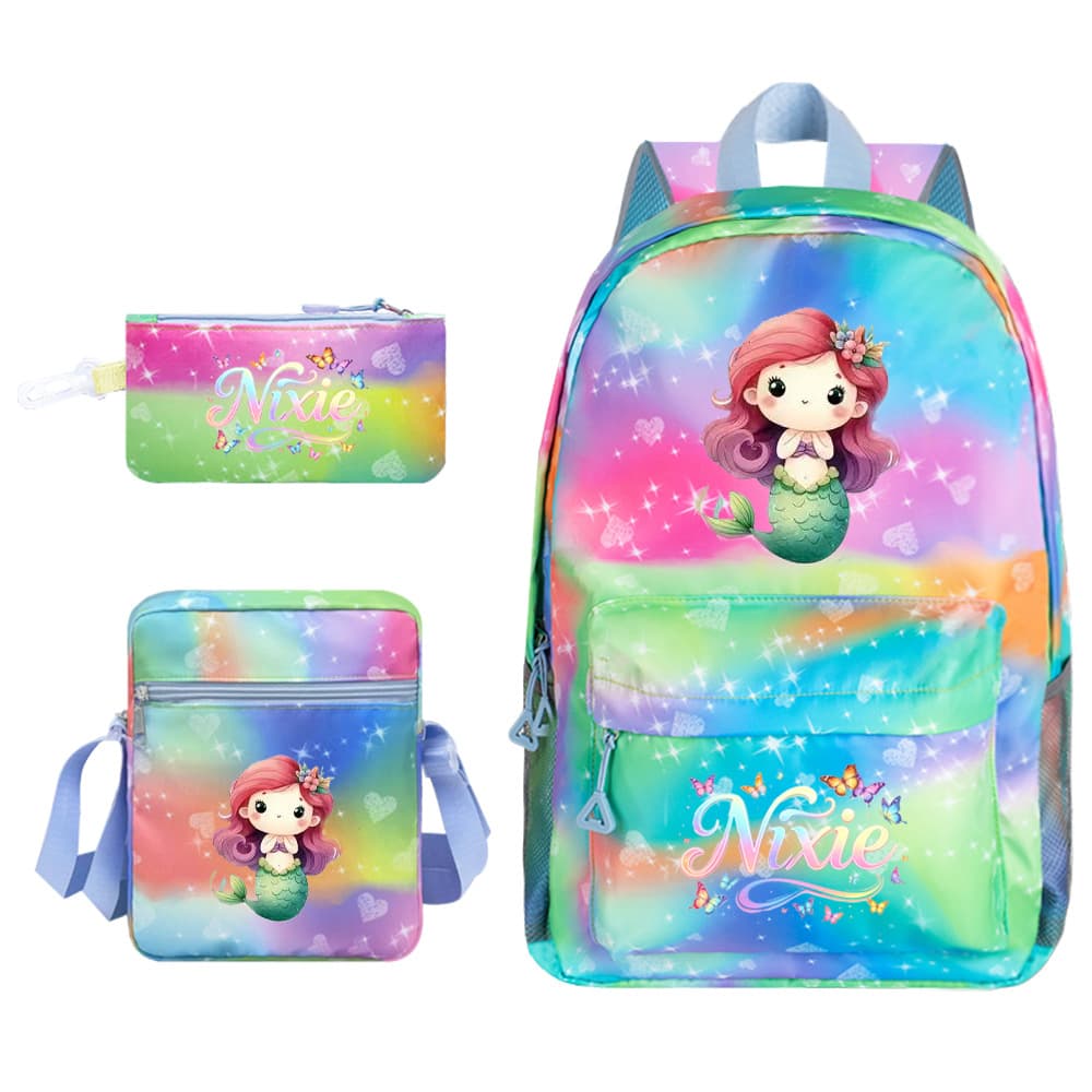 Cross-border Mermaid Backpack Student Large Capacity Waterproof Backpack School Bag Crossbody Bag Pencil Case 3-Piece Set