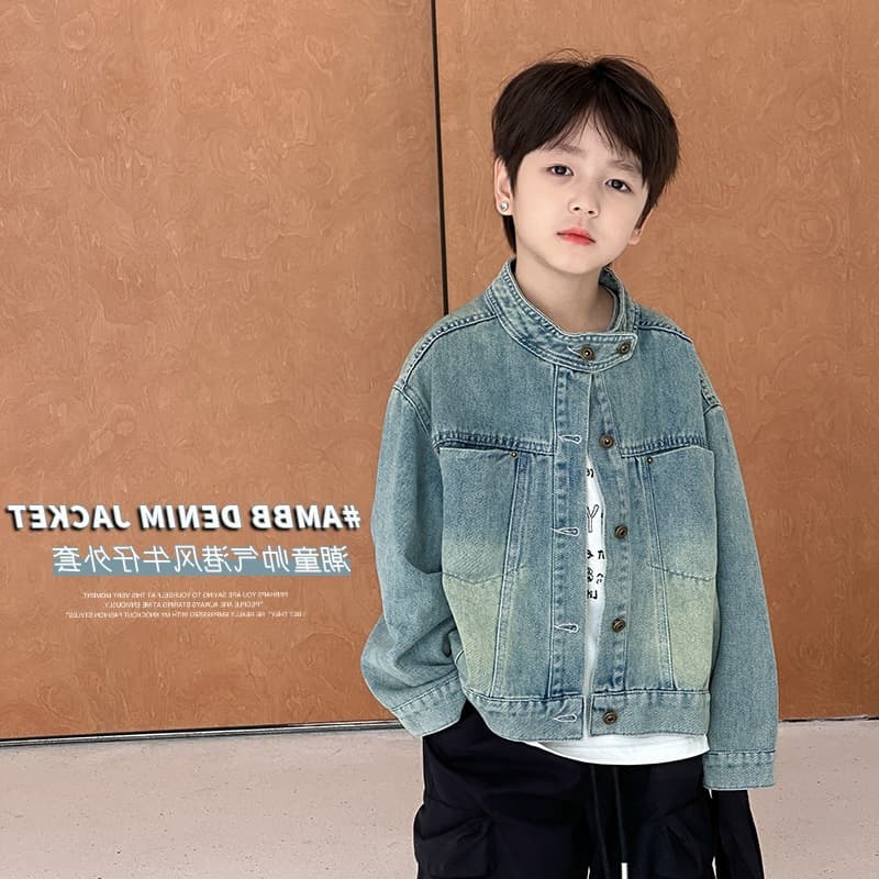 Elmo Beibei Children's Port Fashion Handsome Sand Washed Retro Denim Jacket for Boys and Girls Casual Short Stand Collar Top Trendy