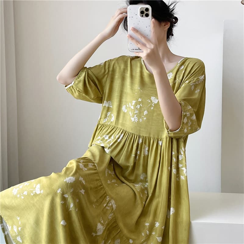 Printed Cotton Silk Nightgown for Women, Summer Thin Short Sleeve, Chinese Style Midi Dress, Wearable Outside, Extended Length Loungewear