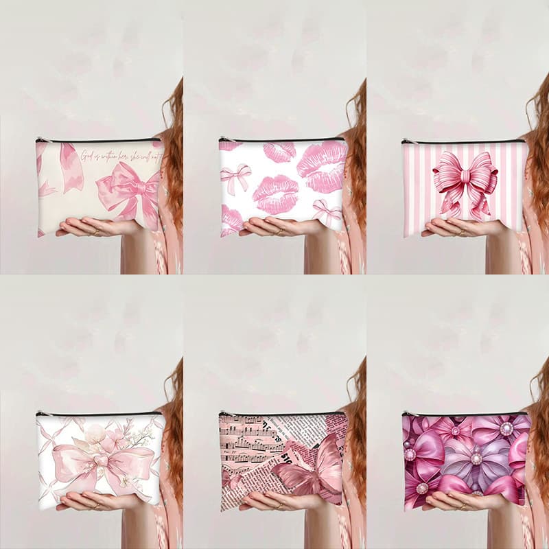 Cross-border Amazon New Bow Makeup Bag Polyester Double-sided Print Women's Bag Toiletry Storage Bag