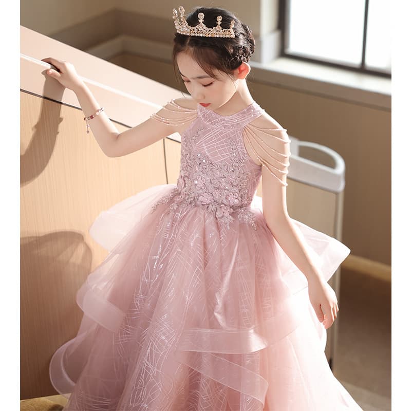 Pink Children's Birthday Princess Dress Light Luxury Flower Girl Ceremony Hostess Piano Performance Outfit Small Audience