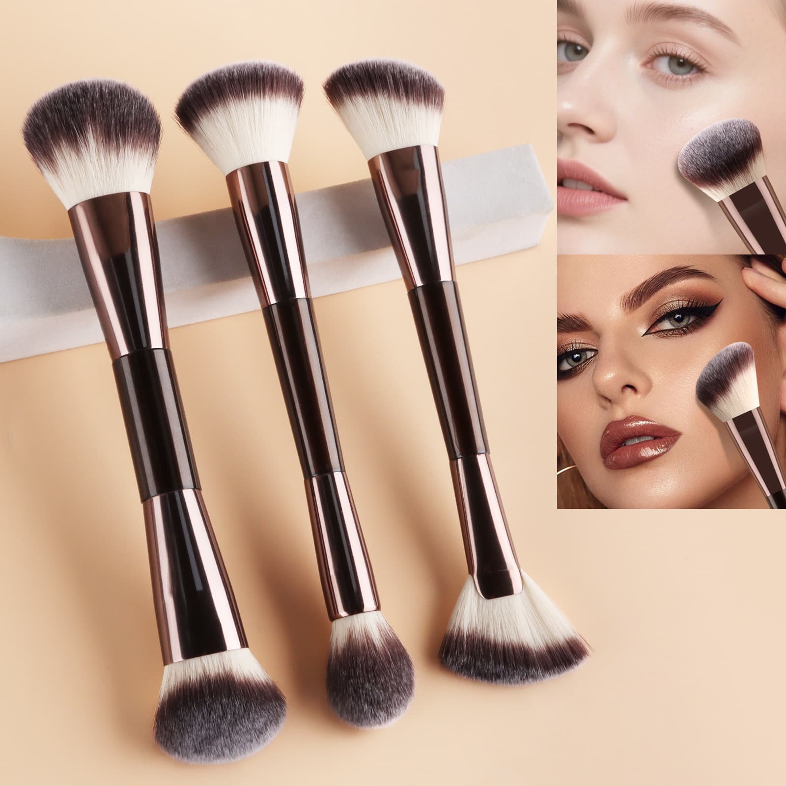 3 brown brown double-ended makeup brushes, powder brush, blush brush, foundation brush, fan-shaped highlight brush, contour brush, concealer brush
