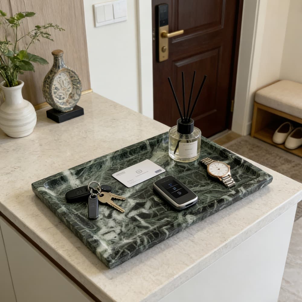 Light Luxury Natural Texture Green Marble Tray, Entryway Key Organizer, Bathroom Aromatherapy Display Tray