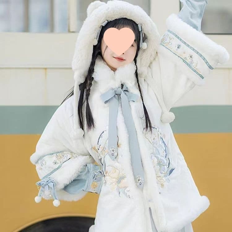 Embroidered Winter Thickened Ming-style Hanfu Women's Fleece Winter Wear Chinese Style Ancient Costume Short Jacket Chinese New Year Outfit Horse-face Skirt