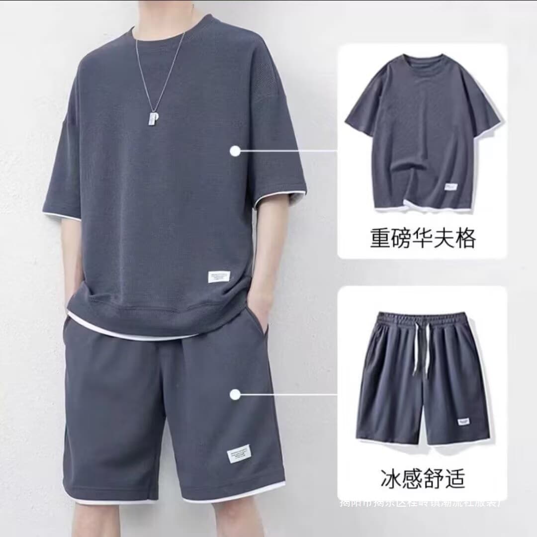 Men's Summer Ice Silk Short Sleeve Shorts Set, Stylish Fashion Brand Casual Sportswear