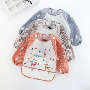 Baby Smock Waterproof Striped Print Feeding Bib Children's Meal Bib Boys Girls Cartoon Reversible Coverall