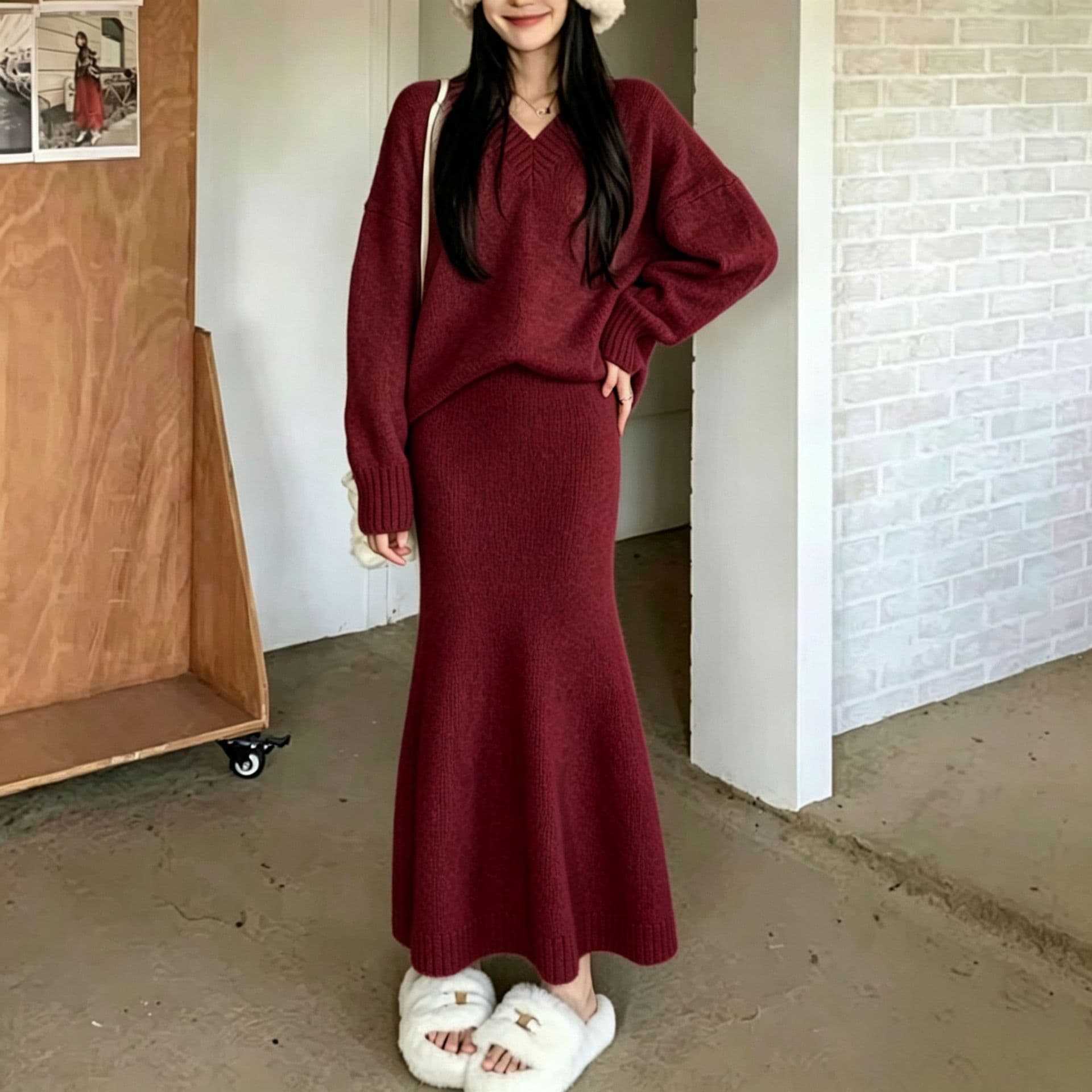 Overseas Trade Casual Sweater Set Dress Autumn/Winter V-Neck Pullover Knit Top with Fishtail Skirt Fashion Two-Piece Set