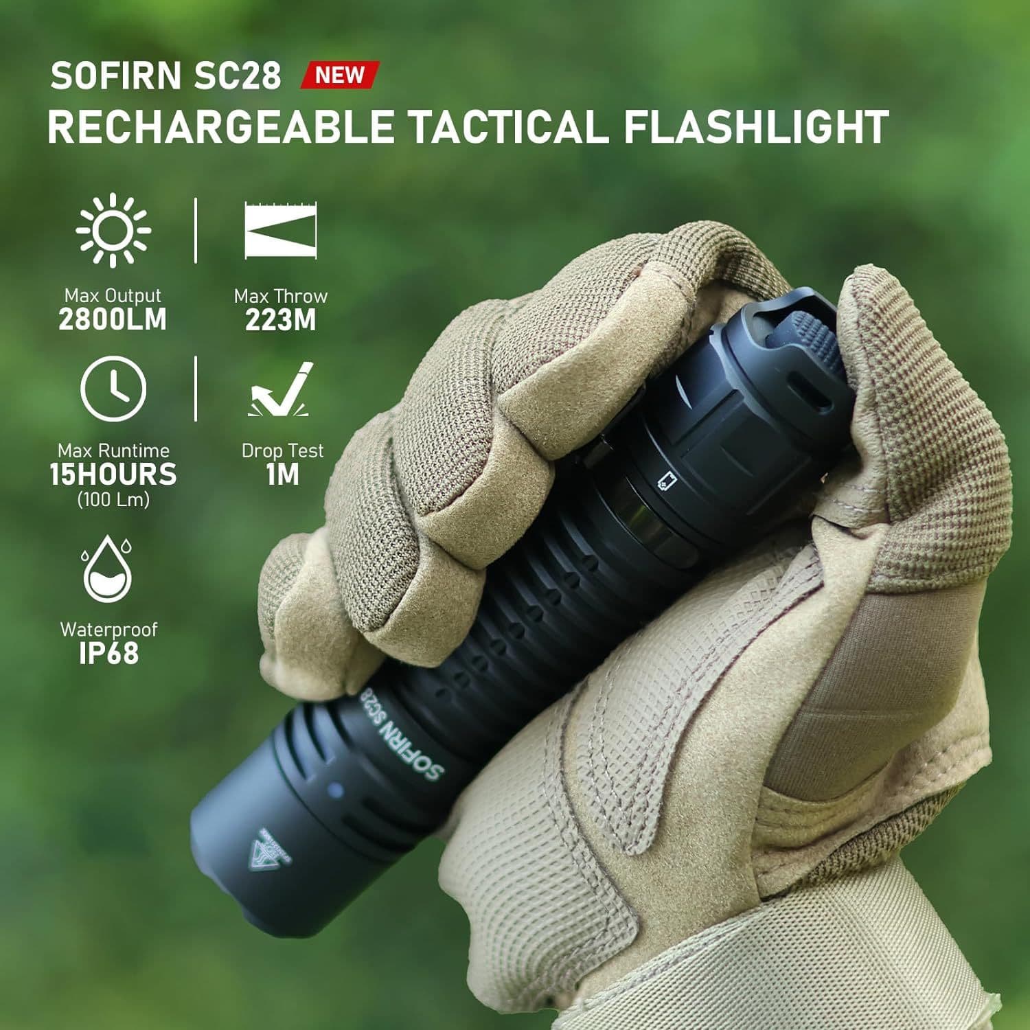 SC28 High-power Corey 50.2 LED, 2800 lumens, outdoor flashlight, 21700 batteries, for camping, beachcombing, and hiking.