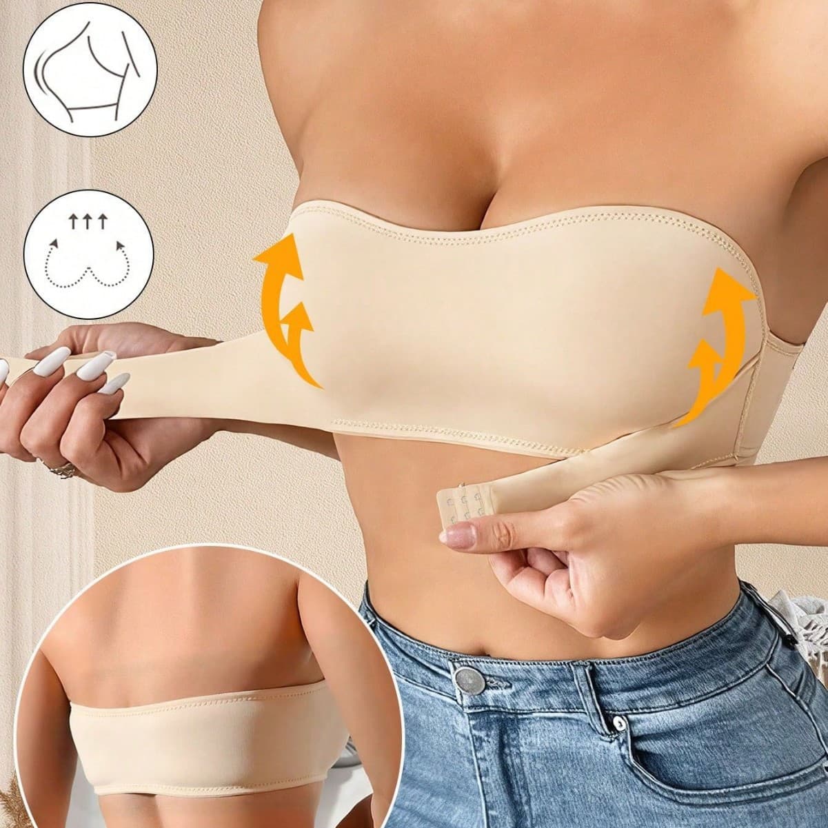 European and American Front-Clasp Bra with Removable Pads, Wire-Free, Sexy, Comfortable Bandeau Bra with Adjustable Non-Slip Strips