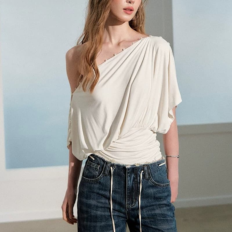 3-in-1 Summer Off-Shoulder Fitted Asymmetrical Short-Sleeve T-Shirt Top for Women