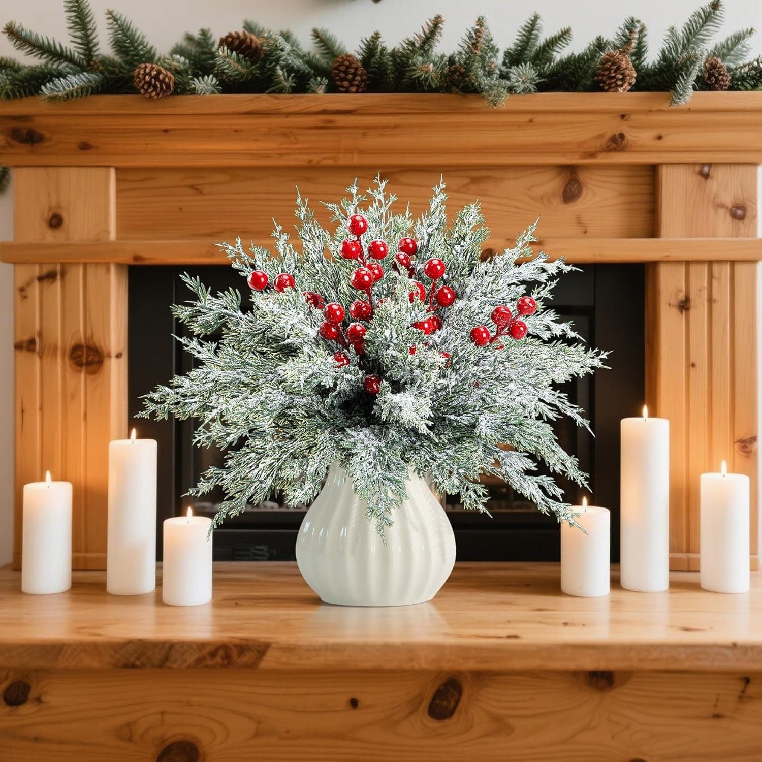 Pine and cypress branches with red berries and green plants, pine needles, home decor, dining table arrangements, Christmas pine and cypress branches with red berries and green plants.