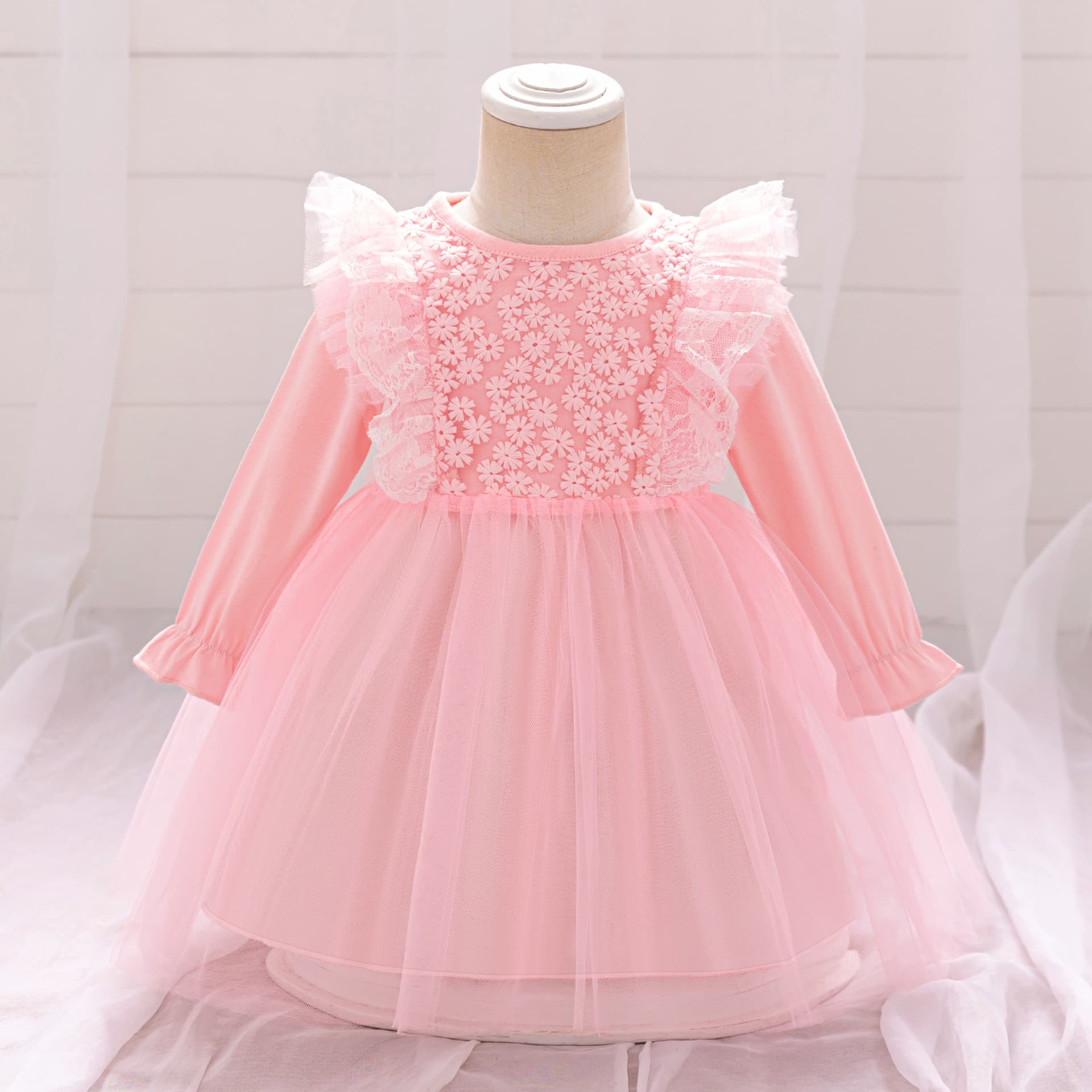 2026 Girls First Birthday Dress Pink Baby Long Sleeve Dress Baby First Birthday Dress Lace Princess Dress