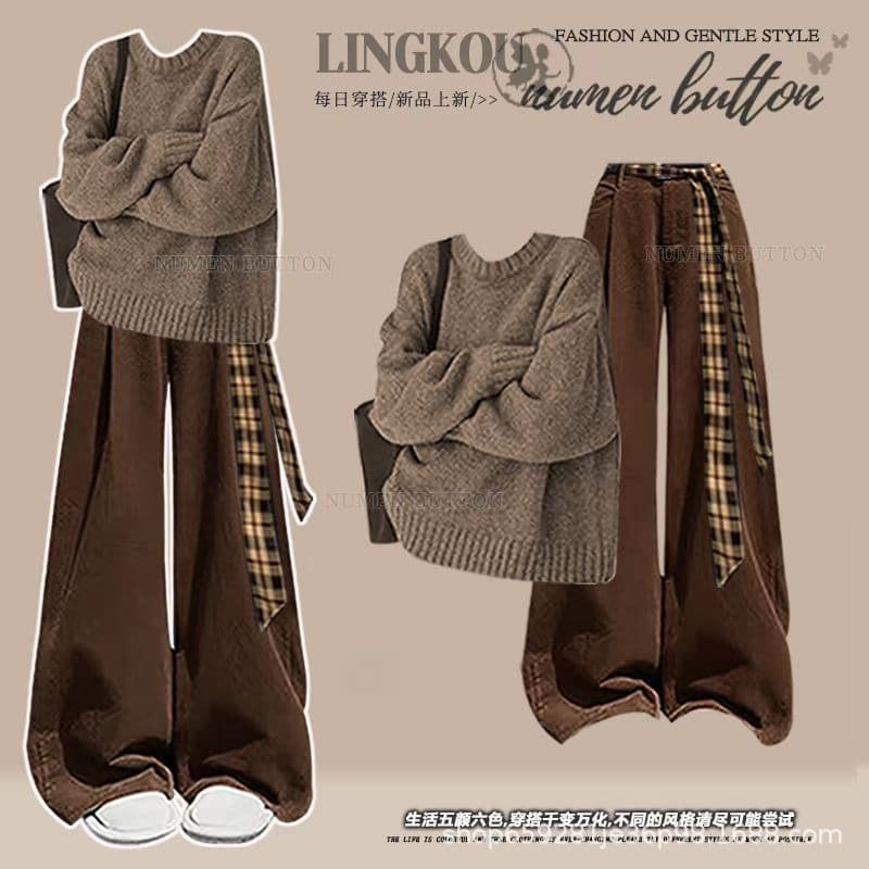Autumn Malad Suit for Women Loose Stylish Age-Defying Knit Sweater Slimming Vintage Wide-Leg Casual Pants Two-Piece Set