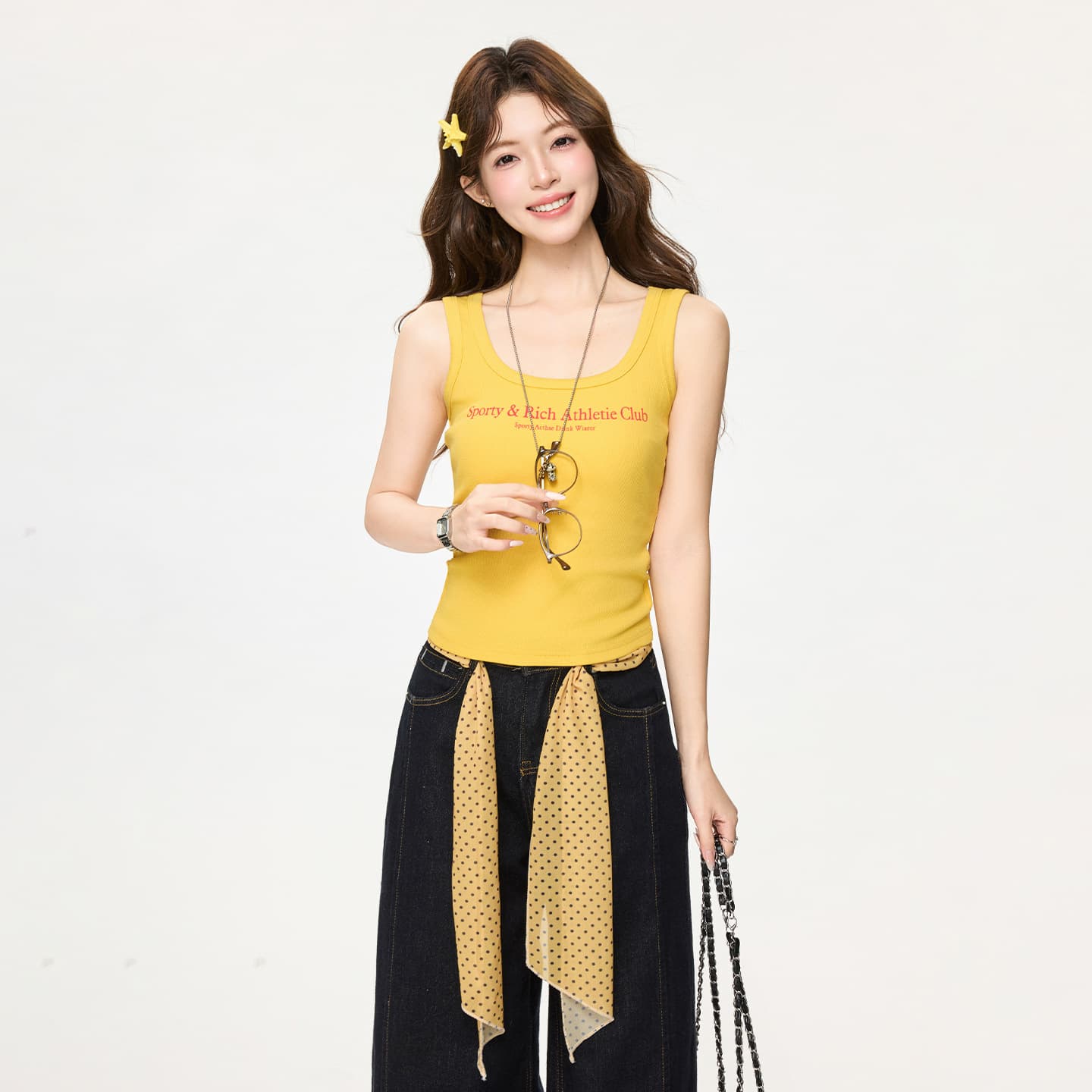 Yellow Letter Print Square Neckline Off-Shoulder Layering Camisole Tank Top for Women Spring Summer Slim Fit Sleeveless Top