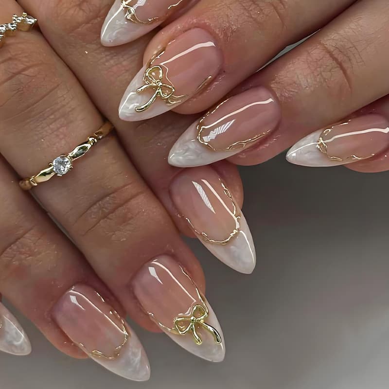 European and American Cross-Border Nude Pink Gold Edge Bow French Wearable Nails 30 Pieces Premium Almond Nails Wholesale