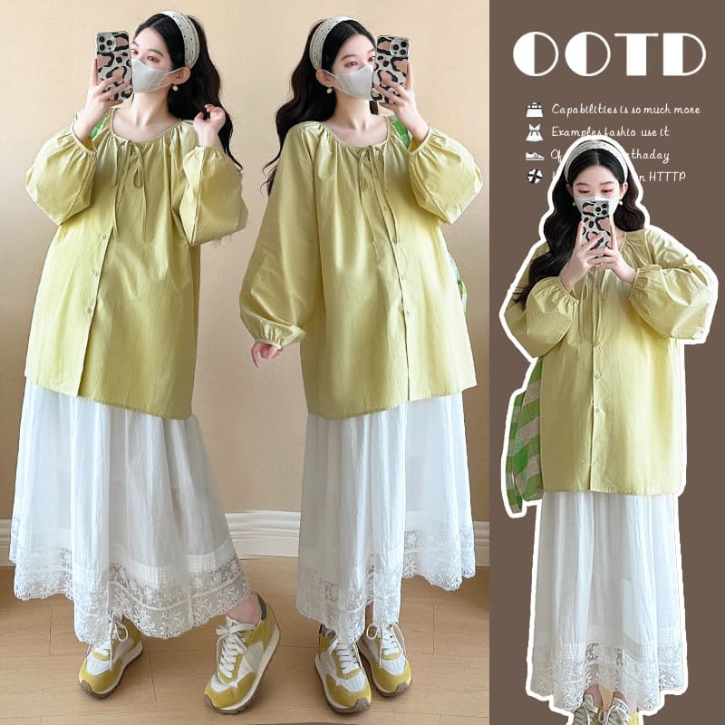 2025 Spring New Korean Style Slimming Tie-Front Shirt + Skirt Maternity Set Two-Piece Outfit