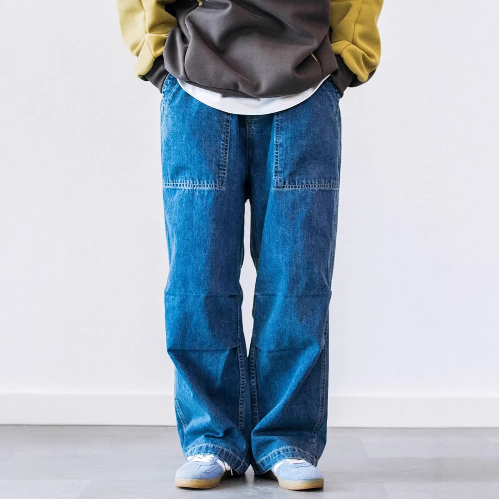 Spring/Autumn New American Retro Washed Multi-Pocket Cargo Jeans for Men, Loose Wide-Leg Dad Jeans