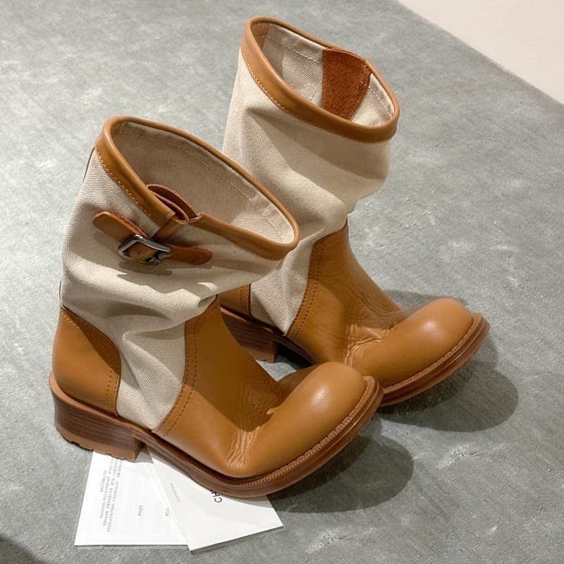 Cowhide version~Fashionable retro belt buckle western cowboy boots for women genuine leather versatile casual slim short-leg fashion boots