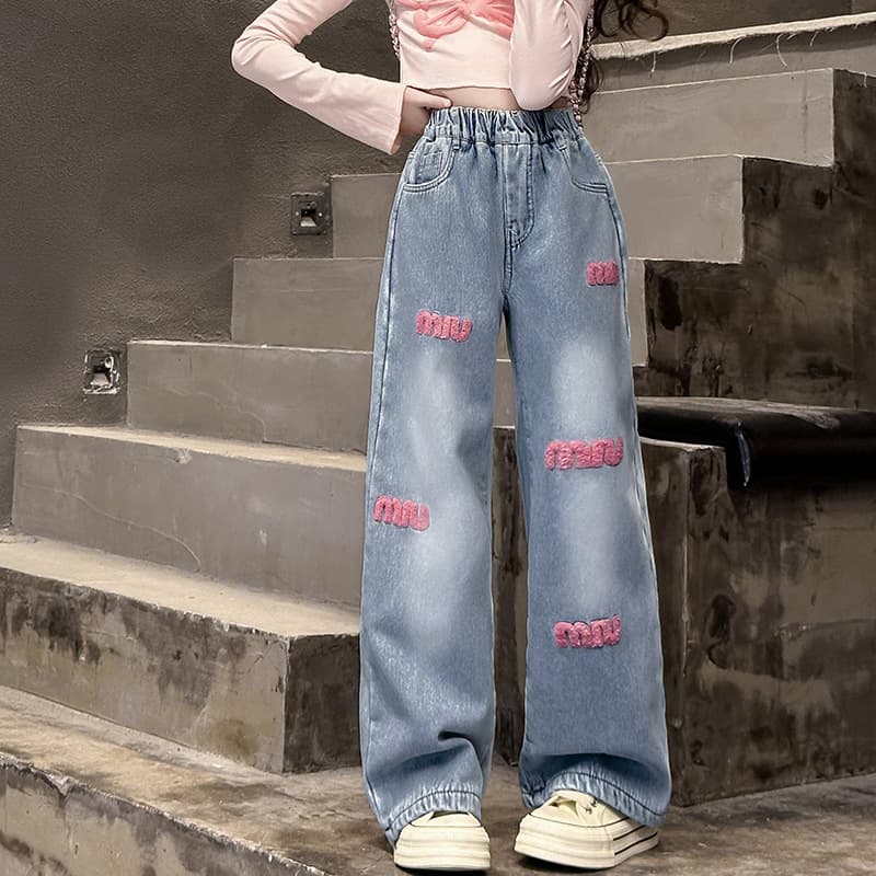Girls Fleece-Lined Jeans Fall Winter 2024 New Medium Big Kids Korean Style Trendy Internet Celebrity Towel Embroidery Wide-Leg Pants