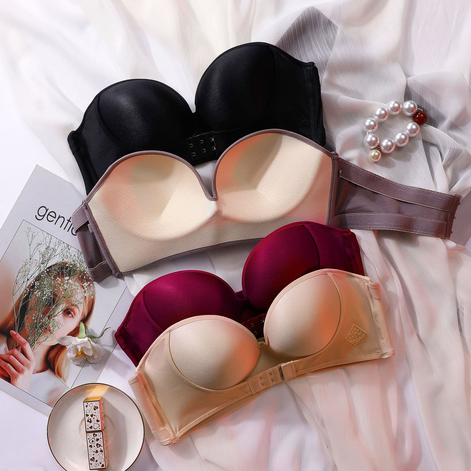 Women's Strapless Bra for Cross-Border Trade in Southeast Asia, Non-Slip Front Buckle, Push-Up Adjustable Bra Without Underwire